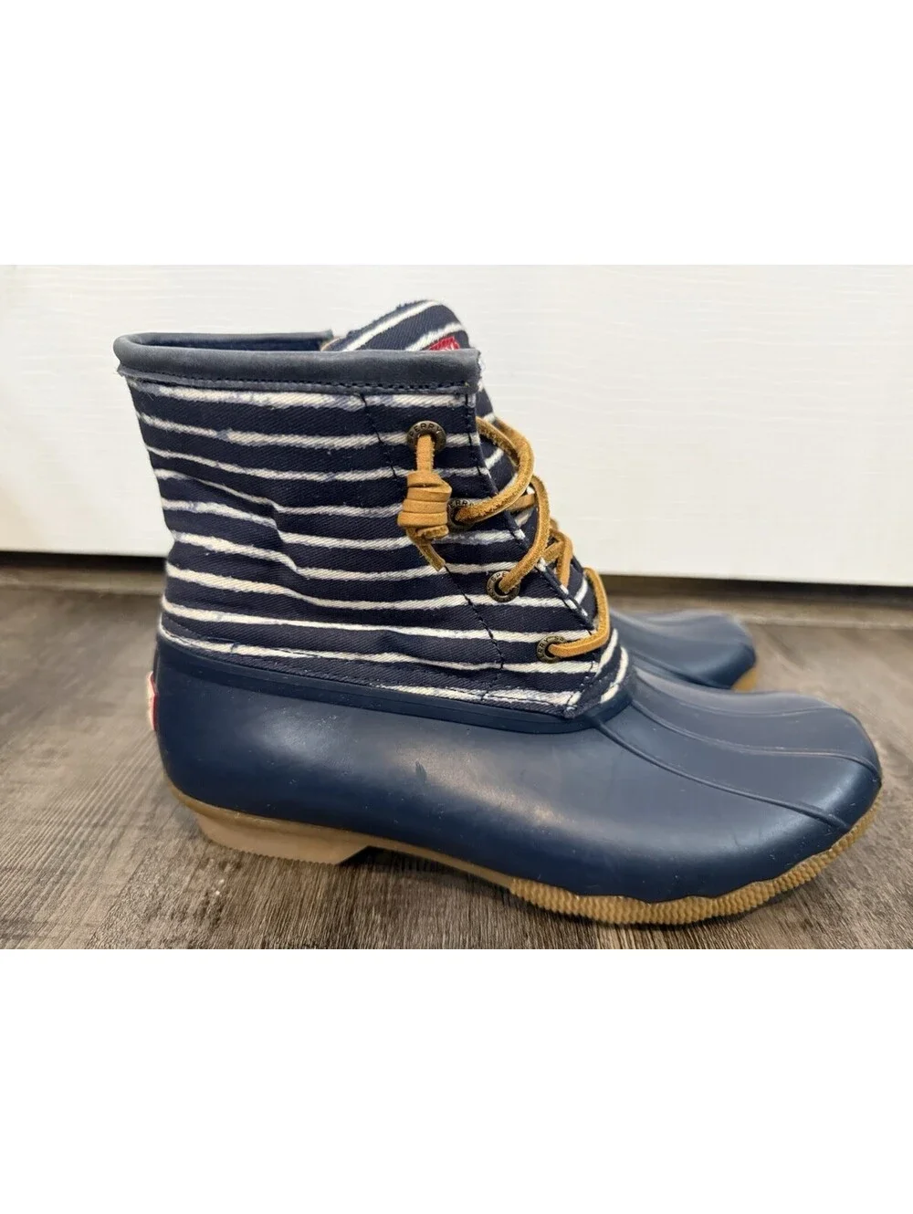 Sperry Saltwater Duck Boots Women’s Size 7 Navy Rubber Stripe Canvas Waterproof